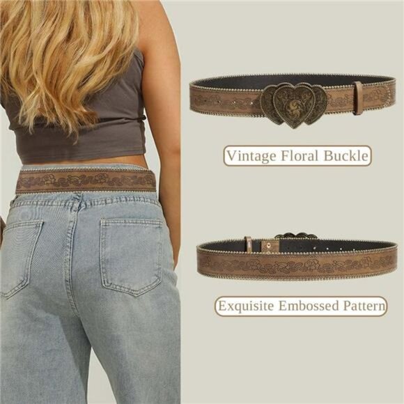 Women Western Belt with Heart Embossed Buckle Vintage Brown Belt for main image 5